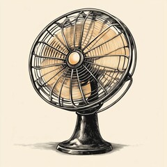 Vintage illustration of a retro electric fan in a classic black and white style with intricate detailing