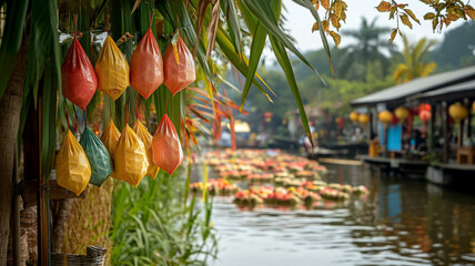 Fototapeta premium Colorful lanterns hanging by a peaceful river surrounded by vibrant flower arrangements during daytime in a serene setting