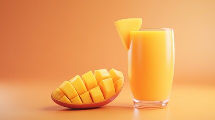 A refreshing glass of mango juice beside a bowl of fresh mango cubes on a vibrant background.