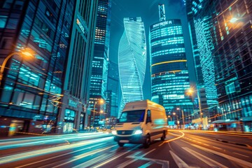 Fototapeta premium Fast delivery van racing through urban streets for on time deliveries and service efficiency