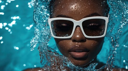 Fototapeta premium White goggles, person amidst vibrant water splashes, swimmer