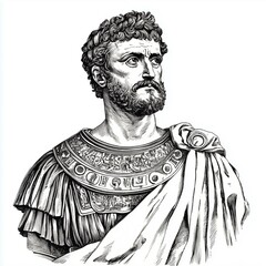 Obraz premium Detailed black and white illustration of a Roman emperor in ornate armor and draped cloak