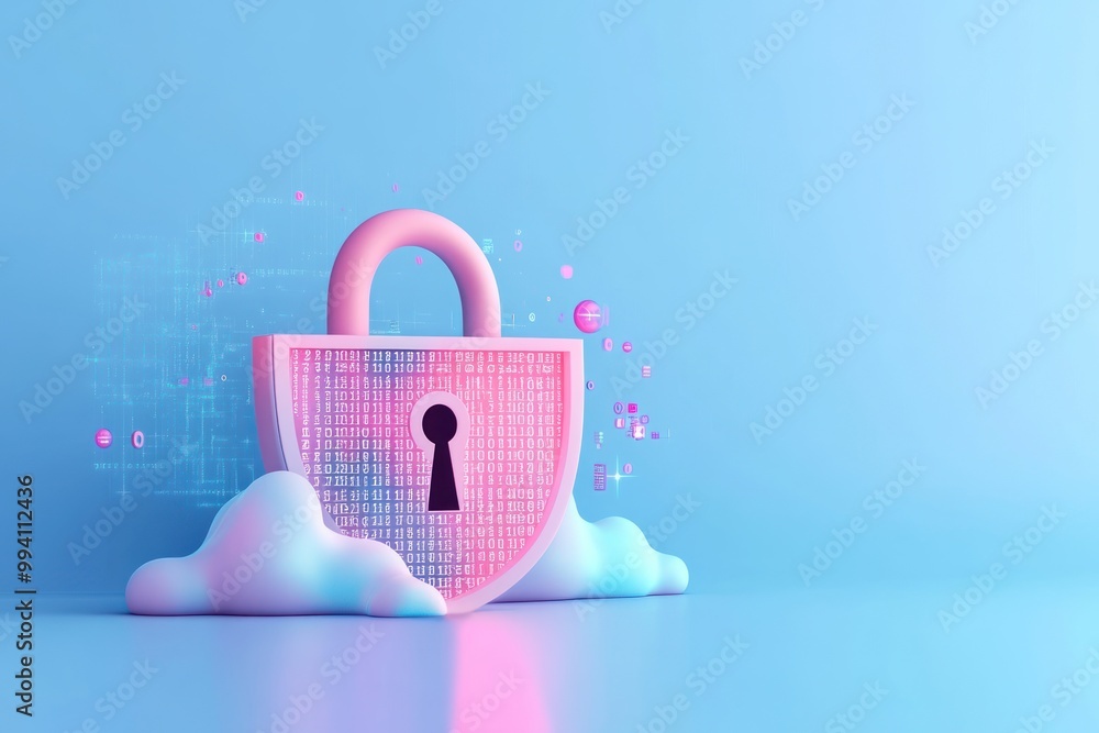 Poster a digital lock symbolizing security, surrounded by clouds and abstract data elements.