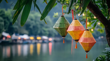 Colorful lanterns hanging by the water in a serene setting near a bustling market during twilight hours