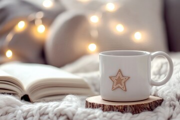 White Mug Mockup on Star Coaster with Cozy Indoor Ambiance
