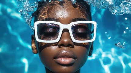 Fototapeta premium Person swimming underwater with white goggles focused closely