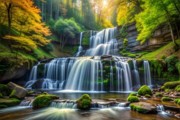 Fototapeta premium Cascading waterfall illuminated by sunlight in forest