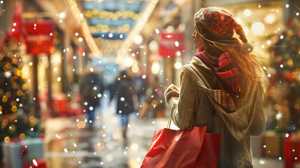 Obraz premium girl shopping with shopping bags christmas market