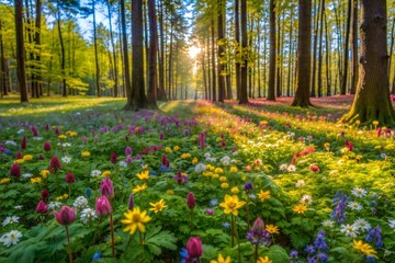 Fototapeta premium Forest floor covered in wildflowers with sunlight