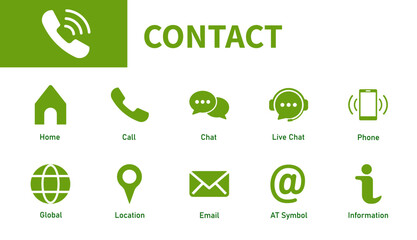 Contact icon set. Solid vector icons for call, phone, location, home, live chat, email.