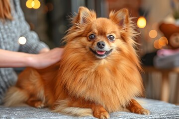 Adorable Orange Pomeranian Relaxing on the Couch, Pet Care, Close-up Portrait of a Happy Dog
