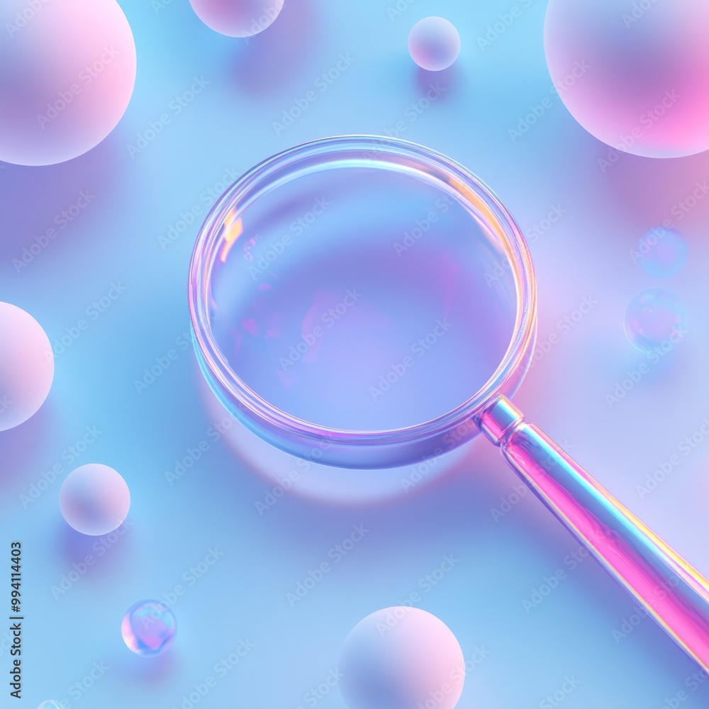 Poster a magnifying glass surrounded by translucent spheres on a soft gradient background.