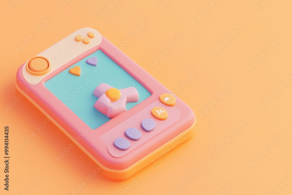 Poster a colorful, playful handheld gaming device with buttons and a vibrant screen.
