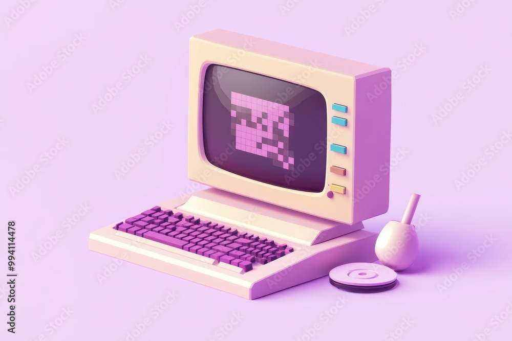Aufkleber a retro-style computer setup with a monitor, keyboard, and mouse in pastel colors.