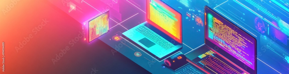 Aufkleber a vibrant digital illustration of laptops and screens displaying code and data visualization.