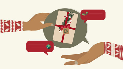 Eco-Friendly Christmas Gift Exchange Illustration.  hands exchanging an eco-friendly, recyclable Christmas gift wrapped in sustainable materials with holiday decor