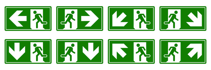 Emergency exit sign set. Man running out fire exit. Running man and exit door sign. Escape help evacuation. Safety vector symbol.