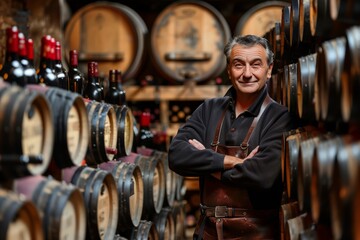 Confident winemaker stands in a wine cellar surrounded by oak barrels and bottles. Warm tones and detailed composition highlight his expertise and craftsmanship
