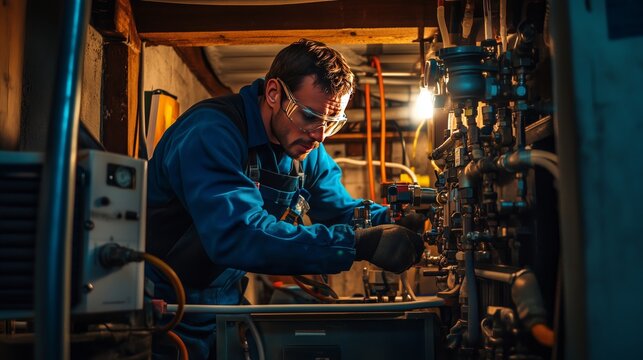 In a dim basement, a plumber repairs a heating system, surrounded by tools and vintage equipment.