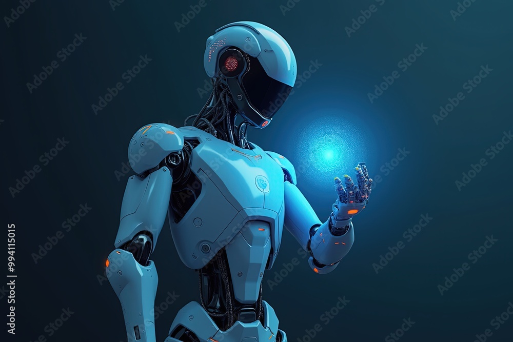 Poster futuristic ai concept with advanced robot holding glowing orb in dark ambient setting.