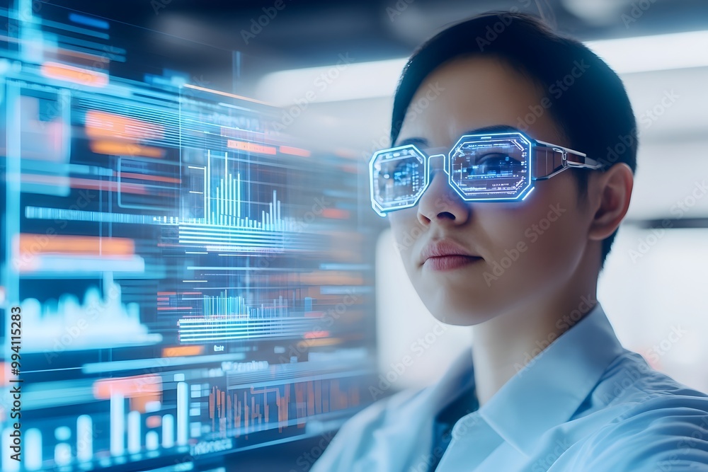 Poster futuristic financial analyst utilizing transparent holographic interface to visualize intricate mark