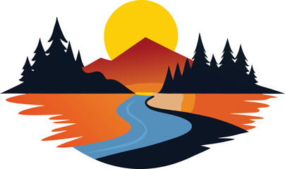 A wonderful Sunrise on the river silhouette vector art illustration design with no background, river colorful graphic illustration design on the natural mountain