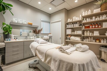 Luxurious beauty clinic featuring minimalist design and soft lighting for a tranquil experience