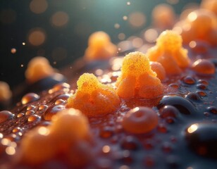 A macro shot of vibrant, textured orange structures on a dark surface, resembling microbial life or cellular formations, illuminated by soft light.