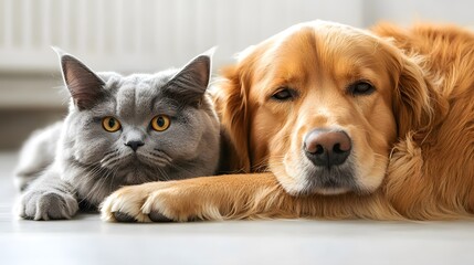 A golden retriever and a grey cat relaxing together indoors.