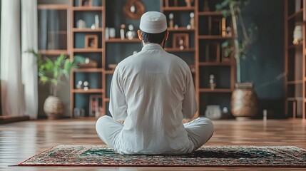 A Muslim man in white attire meditating peacefully on a carpet.