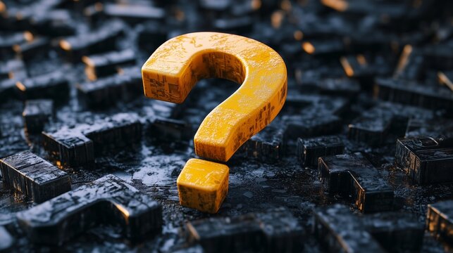 A large yellow question mark shines amid chaotic black signs, drawing curiosity and intrigue.