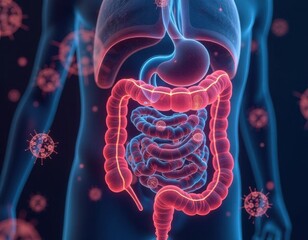 A vivid depiction of the human digestive system, highlighting the intestines and stomach in a colorful, scientific representation.