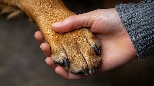A human hand holding a dog's paw, symbolizing friendship and connection.