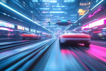 Fototapeta premium Futuristic Transportation Hub with Autonomous Vehicles Elevated Railways and Flying Cars in Neon Lit Cyberpunk Inspired Architecture