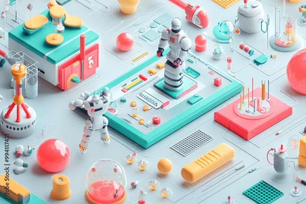 Poster a vibrant 3d scene featuring robots and futuristic objects in a playful, tech-inspired environment.