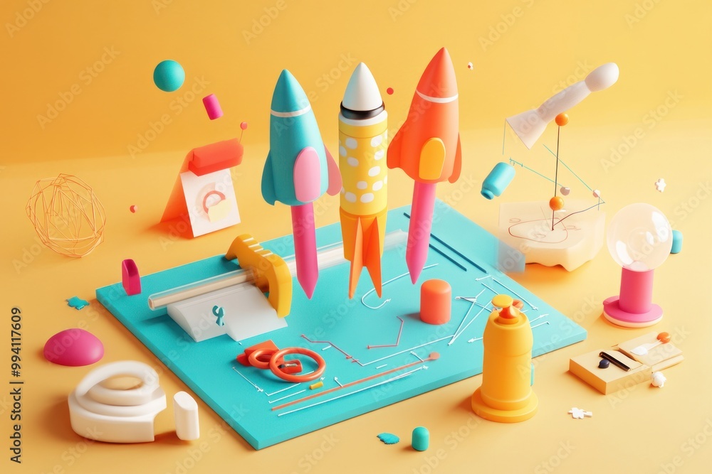 Poster colorful rocket models with playful design elements on a bright background.