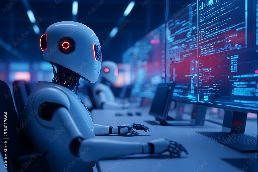 Poster a futuristic workspace showcasing the convergence of advanced technologies ai powered digital assist