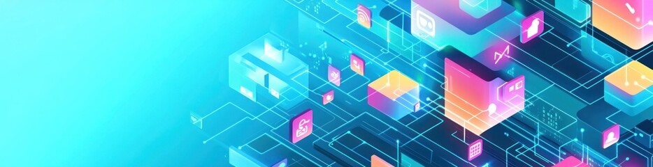 Abstract digital design with vibrant shapes and lines representing technology and connectivity.