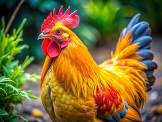 Fototapeta premium Elegant Golden Sebright Hen Strutting in the Garden with Vibrant Feathers and Radiant Coloration