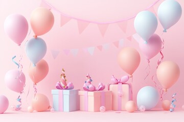 A festive arrangement with pastel balloons and gifts for a celebration.