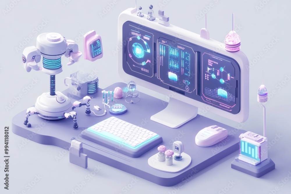 Poster a futuristic workspace featuring advanced technology and interactive displays.