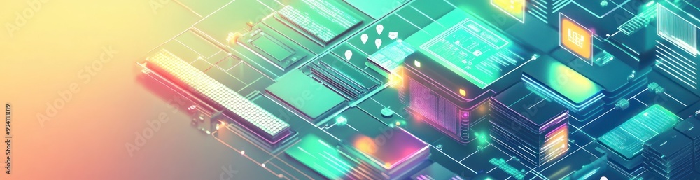 Poster abstract digital circuit design with vibrant colors and geometric shapes.
