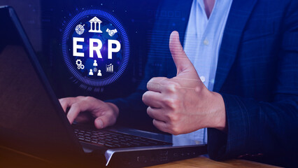 ERP Concept, Enterprise resource planning concept, analyzing ERP system on virtual screen, Connections between business intelligence, HR and CRM modules.