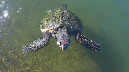 A majestic sea turtle swims gracefully in clear turquoise waters.