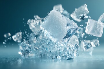 A 3D rendering of a salt crystal dissolving in water, highlighting the importance of mineral salts for hydration and body balance. 3D, High Detail, Cool Tones