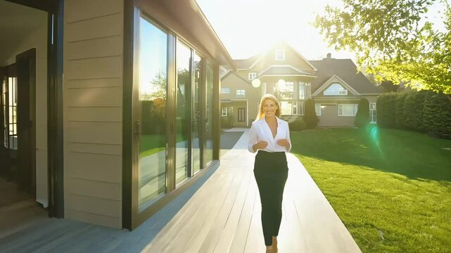 Female real estate agent walking outside a luxury modern home, sunny day, showcasing property, professional and stylish