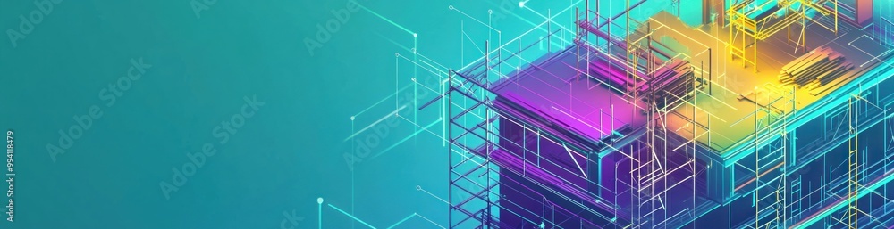 Poster abstract digital design featuring colorful geometric structures and lines.