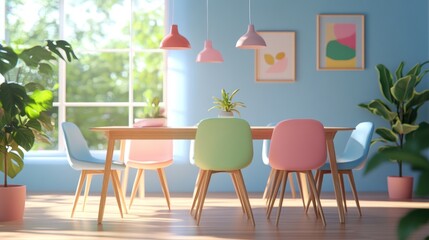 Obraz premium A bright, modern dining area featuring colorful chairs, plants, and art.