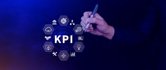 KPI, Key Performance Indicator concept, Management data System KPI connected database follow earnings, operations and sales data, Financial business data analytics graph dashboard.