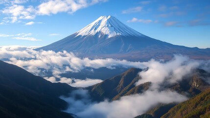 Fototapeta premium Majestic snow-capped mountain peak rising above clouds on a clear day, showcasing stunning natural beauty and tranquil scenery.